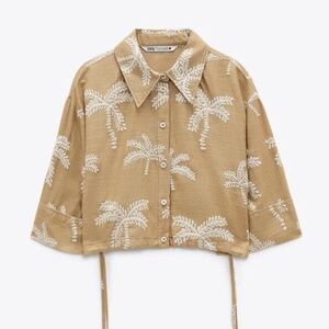 Zara Beige Crop Button-Up Top with White Palm Embroidery